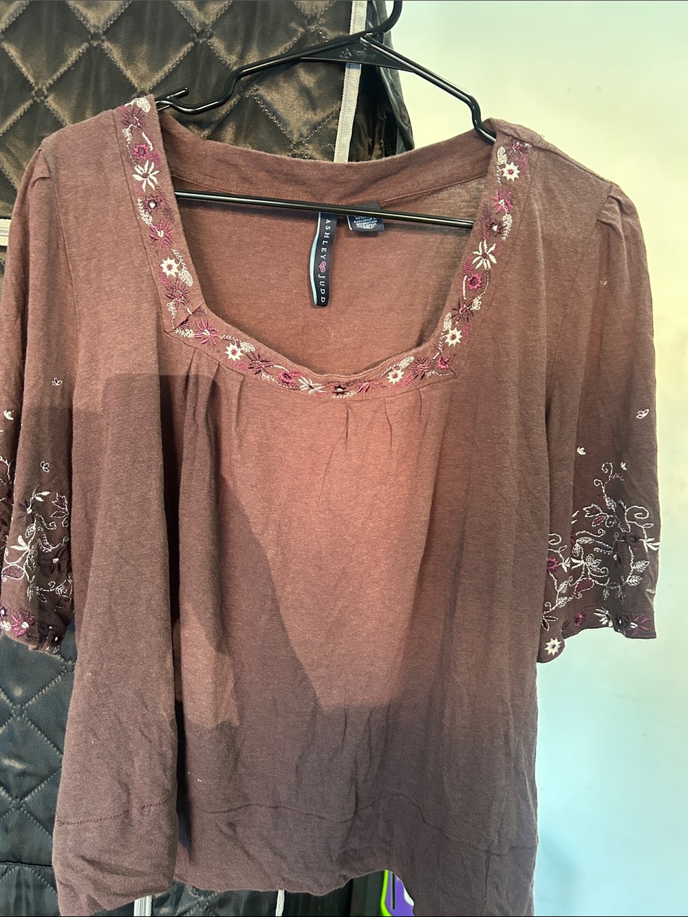 Brown Embroidered Scoop Neck Women's Top